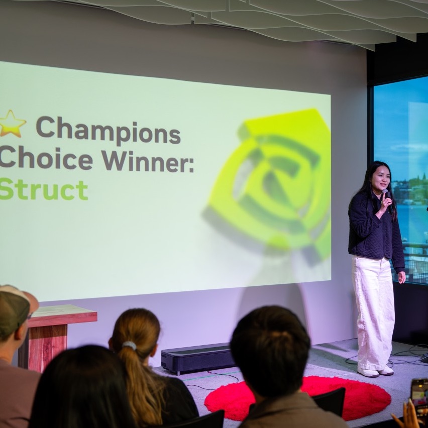 Announcing the Champions Choice winner at an NVIDIA hackathon
